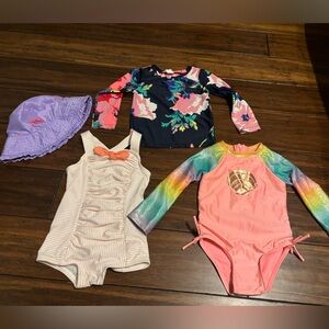 2T girls bathing suit lot swim sun rash guard one piece sun hat mermaid pink bow